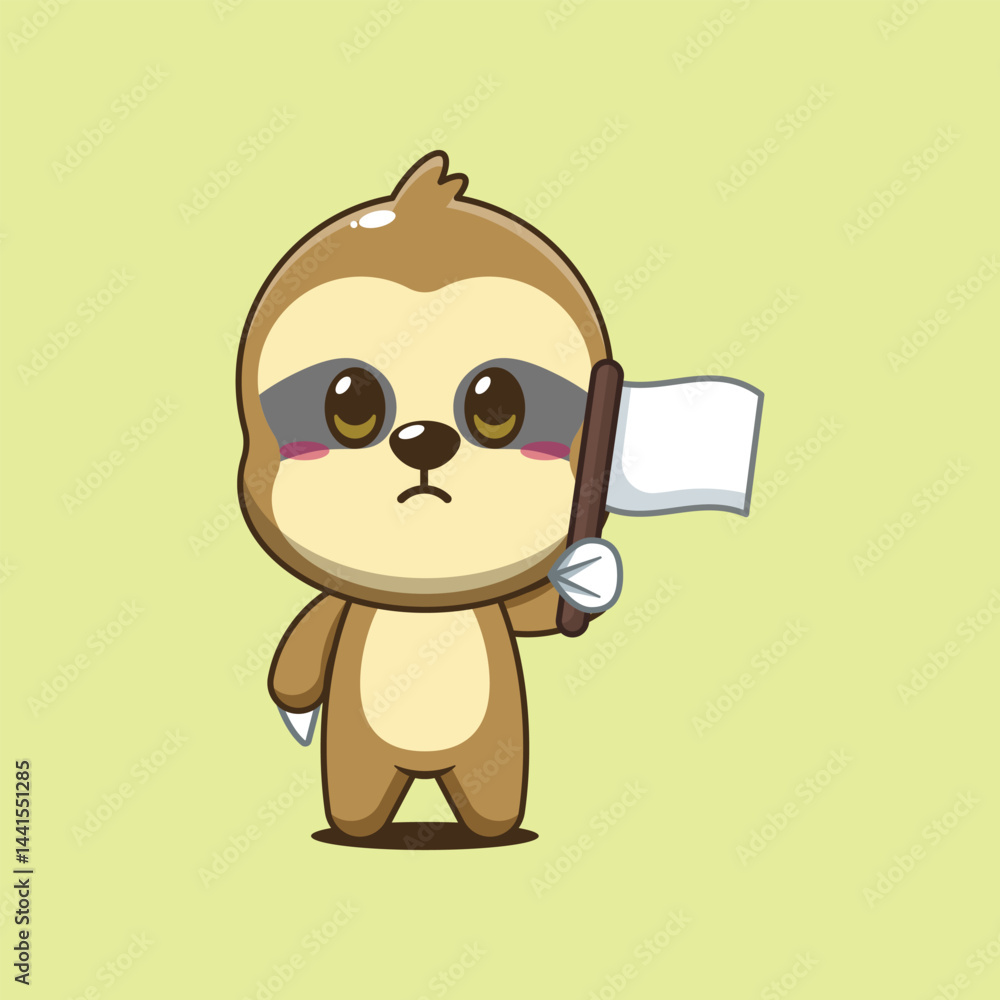 Fototapeta premium Cute sloth cartoon vector illustration with white flag