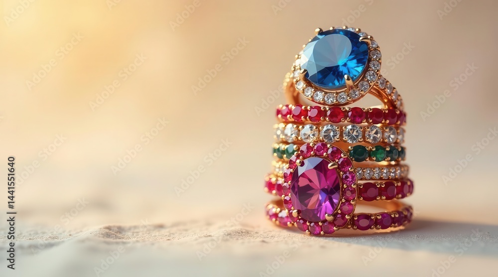 Fototapeta premium A Stack of Exquisite Gemstone Rings, Shimmering with Colorful Precious Stones, Displayed on a Textured Surface in Warm Golden Light