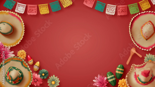 cinco de mayo background, typical mexican decorative elements such as sombreros, maracas, flags, and papel picado flowers are arranged on the edge of the frame, Ai generated images