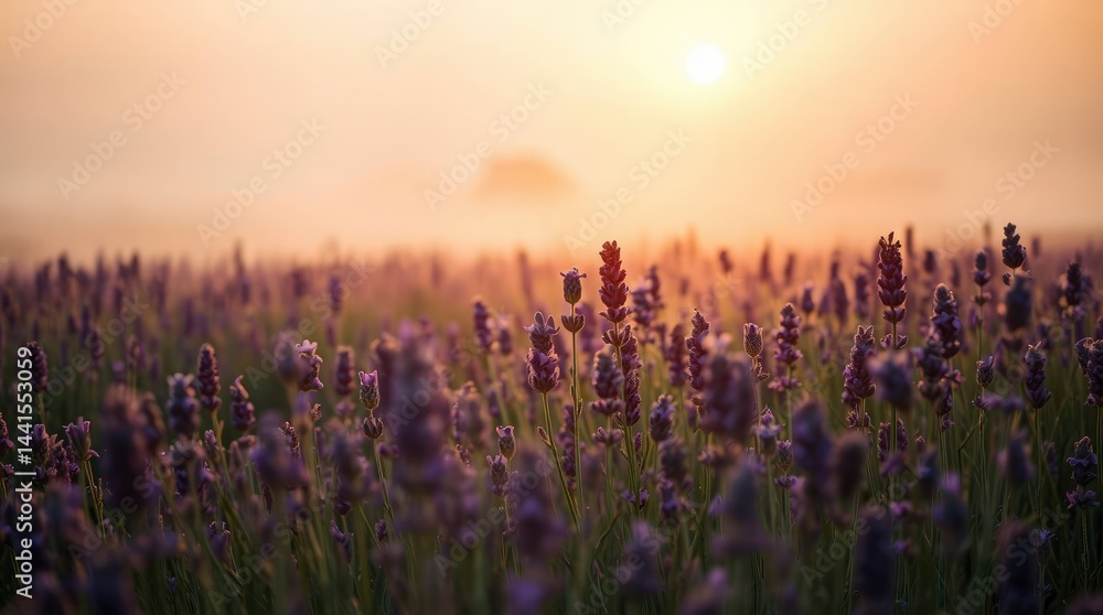 Naklejka premium Dreamy lavender field at sunrise, softly illuminated with warm, diffused light and gentle, hazy