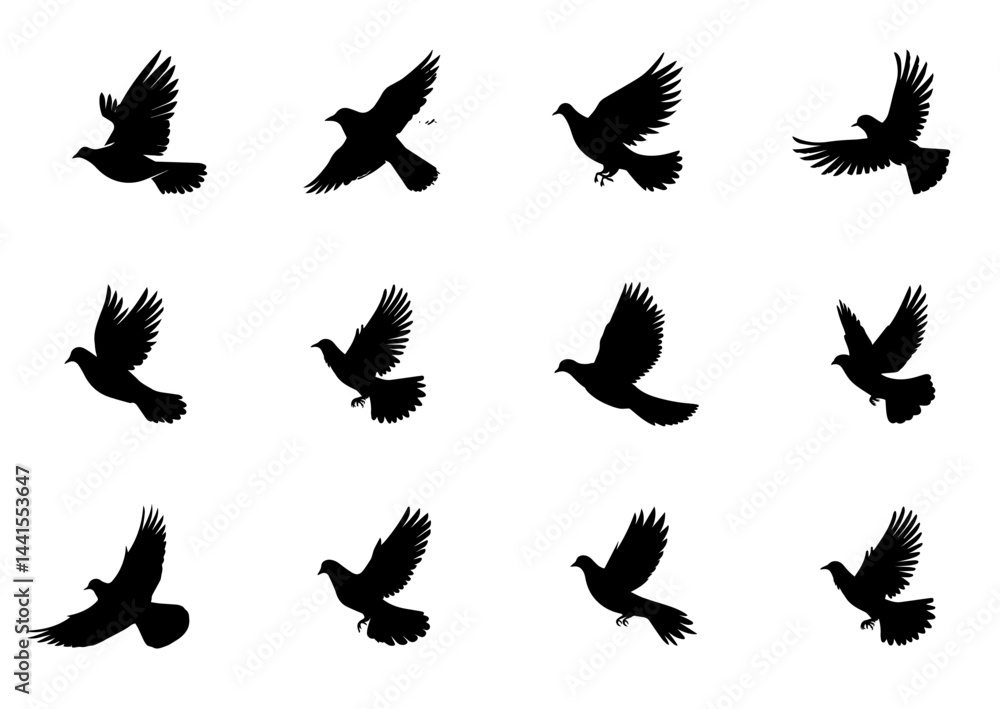 Obraz premium Black dove icon set. Peace symbol collection. Flying pigeon with branch icon set. Vector