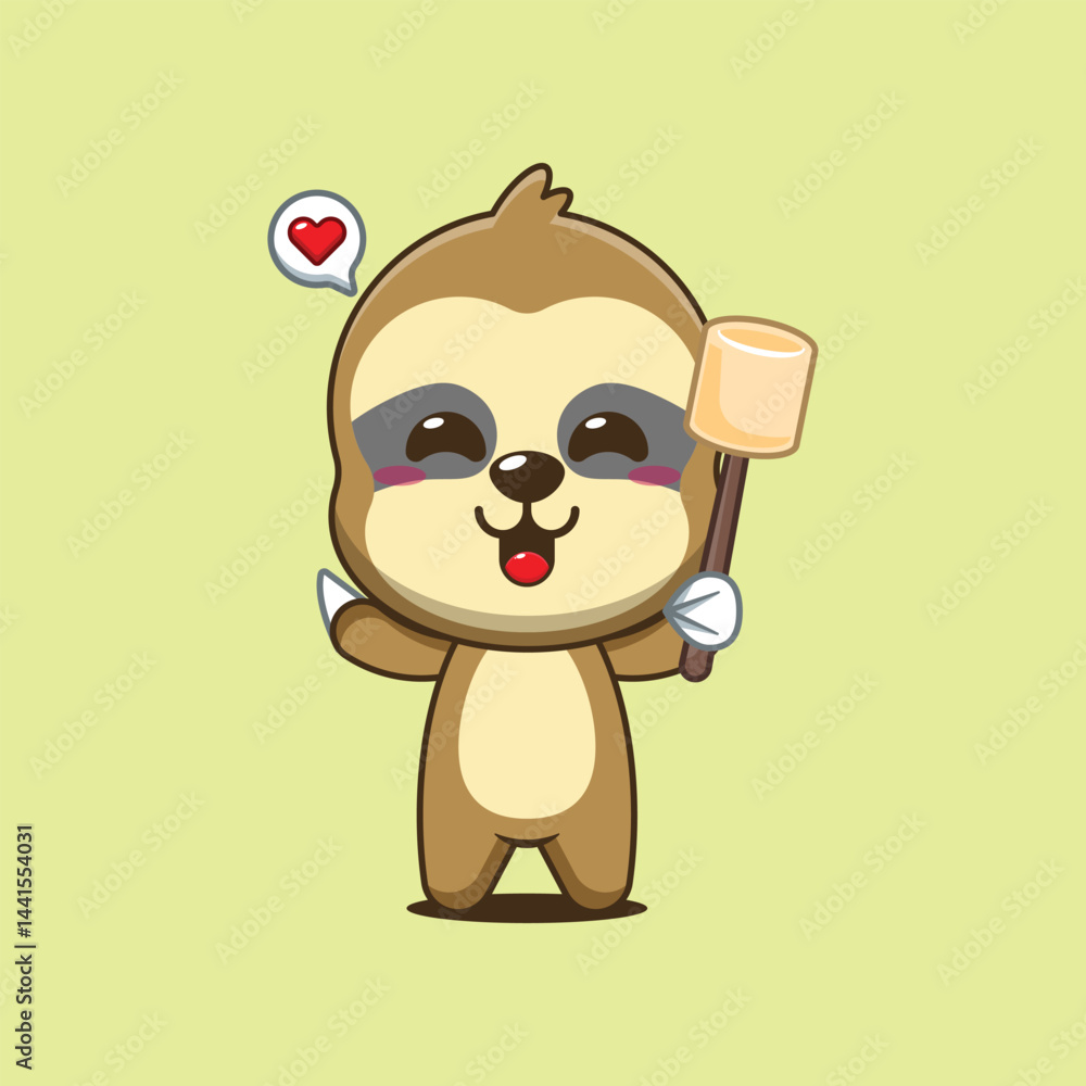 Fototapeta premium Cute sloth cartoon vector illustration eating marshmallow