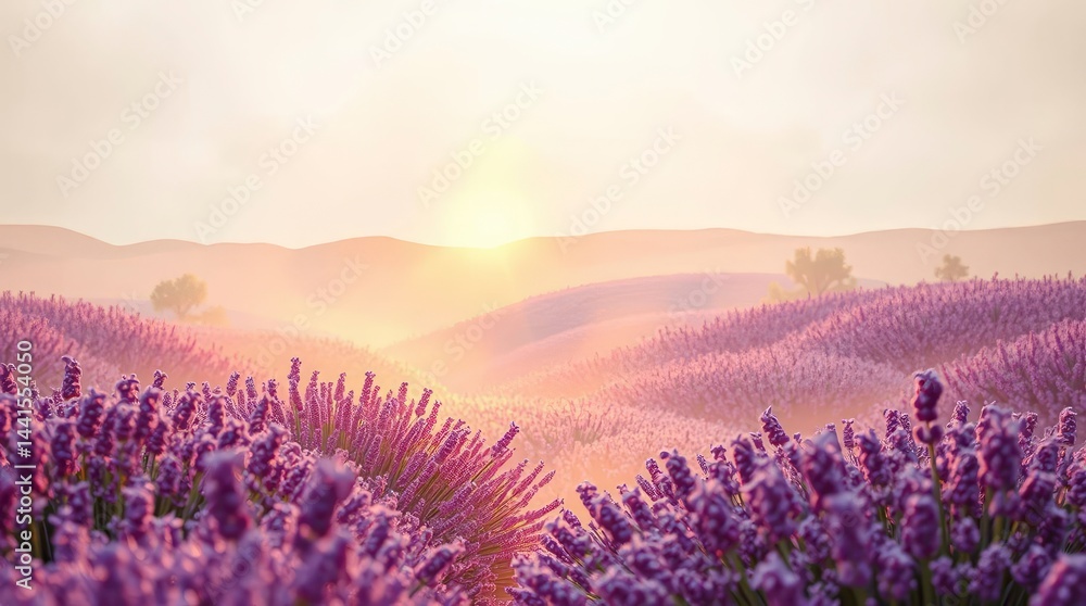 Obraz premium Scenic landscape of a lavender field at sunrise creating a tranquil, dreamlike atmosphere with soft