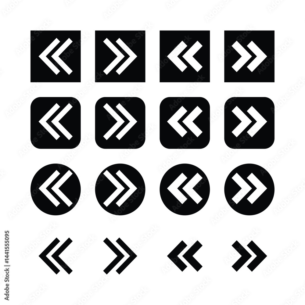 Black And White Arrow Collection In Square Circle And Simple Shapes Representing Forward And Backward Black And White Arrow Collection In Square Circle And Simple Shapes Representing Forward And Backward