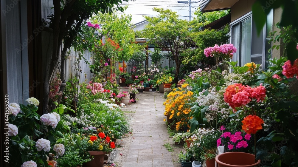 Obraz premium Beautiful garden path lined with vibrant flowers in various colors, creating a picturesque and serene scene.