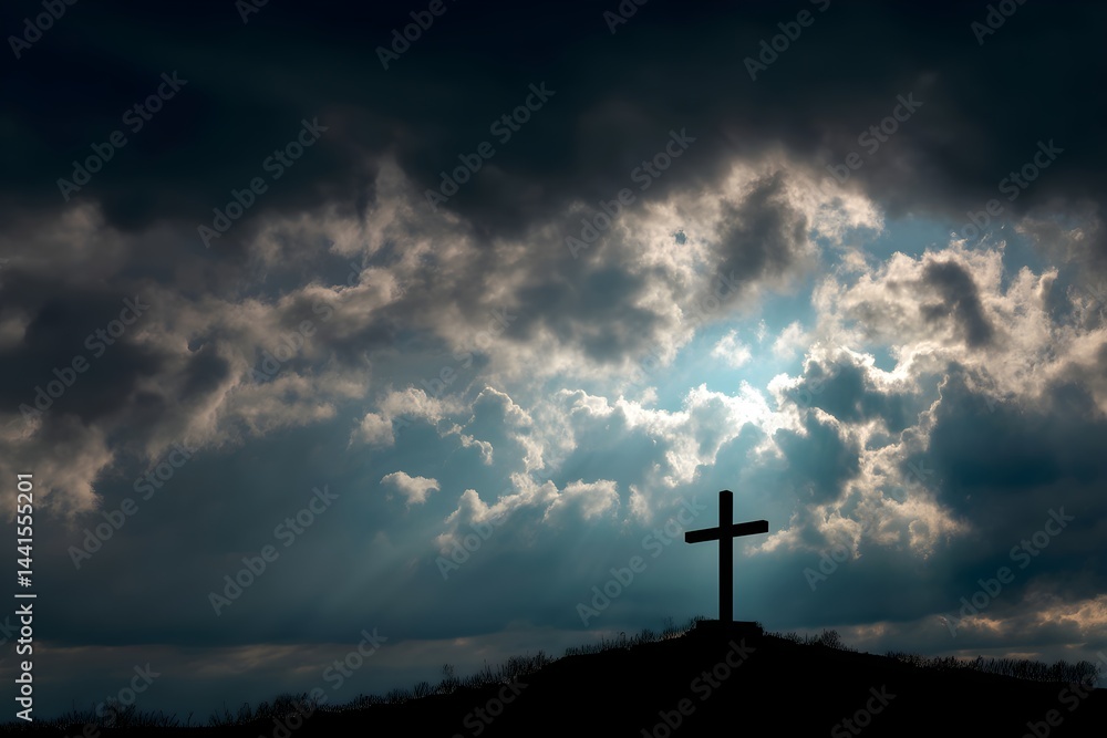 Cross silhouette in sky with clouds. Resurrection of Jesus