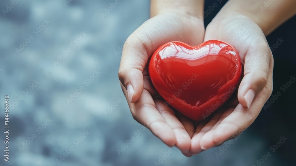 Close-up of hands holding a shiny red heart, symbolizing love, care, and compassion. Close-up of hands holding a shiny red heart, symbolizing love, care, and compassion.