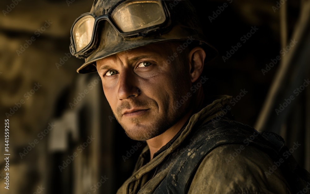 A determined miner wearing safety gear looks at the camera with a serious expression. A determined miner wearing safety gear looks at the camera with a serious expression.
