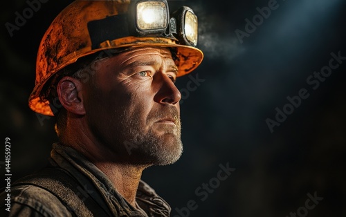 Bearded male miner with headlamp, looking pensive in dimly lit underground mine setting.