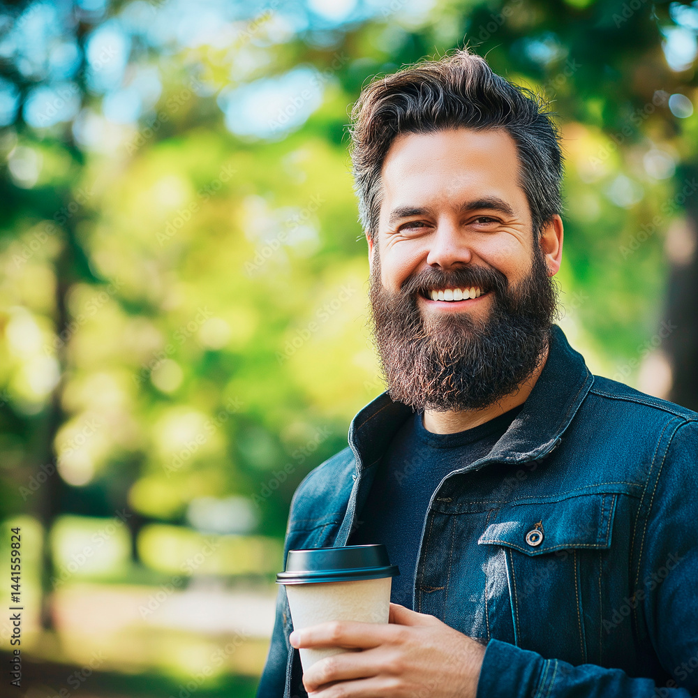 Fototapeta premium Smiling Man With a Beard Enjoys Craft Coffee in a Vibrant Outdoor Setting