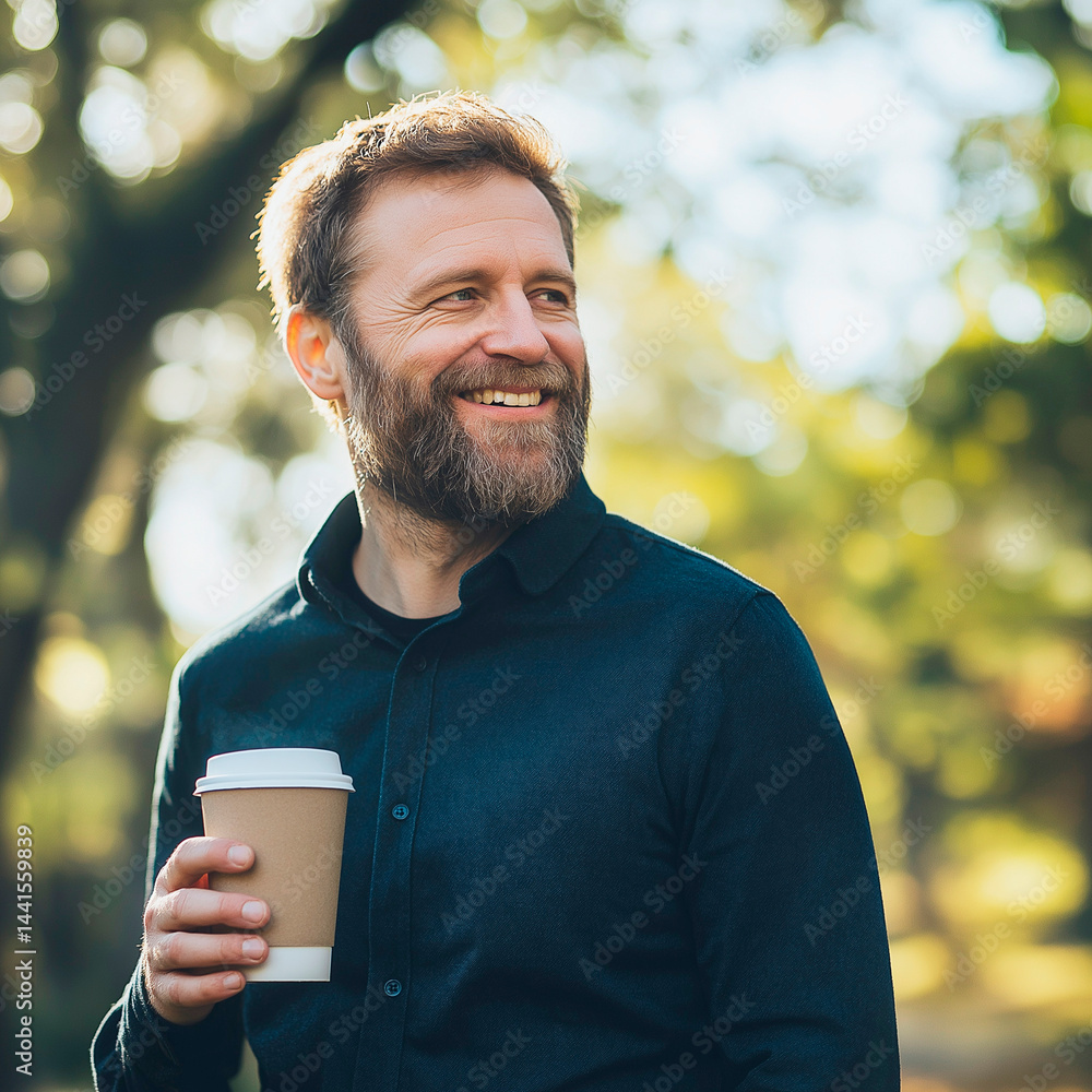 Smiling Man With a Beard Enjoys Craft Coffee Outdoors in a Sunny Park Setting Smiling Man With a Beard Enjoys Craft Coffee Outdoors in a Sunny Park Setting