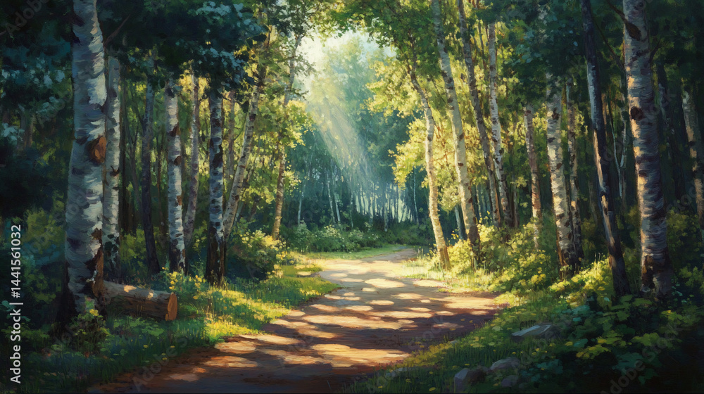 Fototapeta premium Sunlight path through birch trees (1)