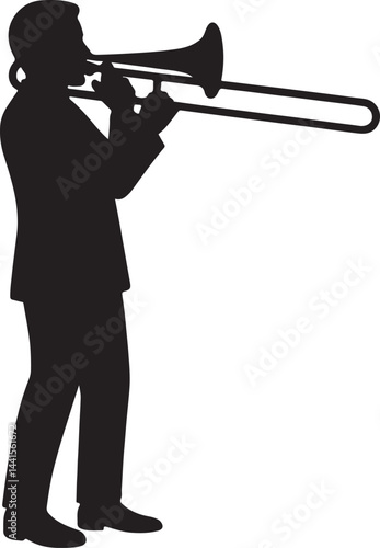 silhouette of a man playing trombone vector art illustration 