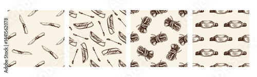 Hand drawn vintage seamless pattern set of camping adventure gear, including folding knives, canoes, guitars and waist bags, rustic outdoor sketch collection