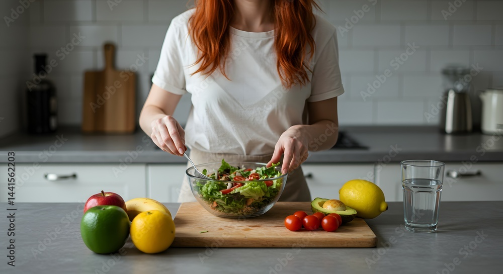 Healthy Eating Habits Woman Preparing a Vibrant Salad in Her Kitchen Healthy Eating Habits Woman Preparing a Vibrant Salad in Her Kitchen