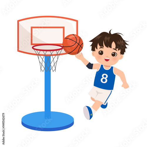 Cute boy playing and shoot basket ball to the hoop