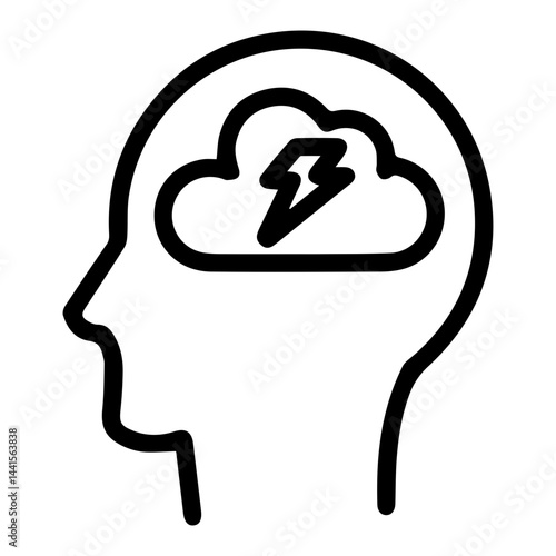 Stormy thought in mind (outline style). Troubled thinking, chaotic idea, mental turmoil, intense thoughts, brainstorm, electric notion, powerful concept, agitated mind, turbulent thoughts brewing