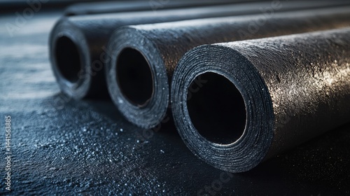 A stunning image of rolled roofing materials closeup. Rolls of black bituminous membrane waterproofing. Industrial background, construction, renovation, refurbishment concept.