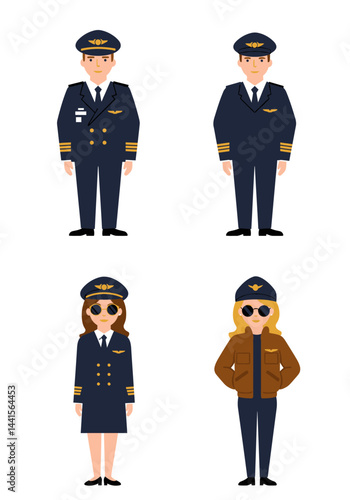 A colorful flat design set of four diverse pilots—two men, two women—wearing unique uniforms, standing confidently on a plain white background.
