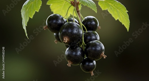 Ripe Black Currants on the Branch with Green Leaves