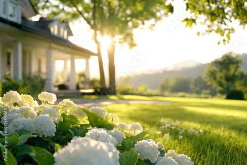 White hydrangeas blooming in front of luxury house at sunset