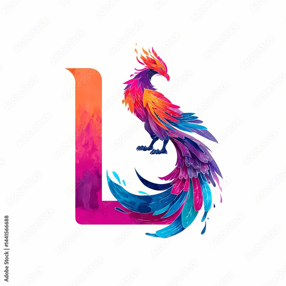 Obraz premium Vivid Phoenix Watercolor Perched on Colorful Letter U on White