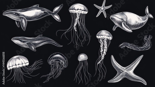 Ocean Life: Whales, Jellyfish, and Starfish in Exquisite Hand-Drawn Illustrations