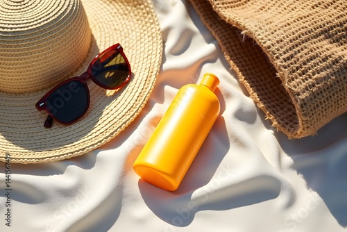 Summer Essentials: Sun hat, sunglasses, and sunscreen lotion resting on a beach towel, ready for a sunny day.