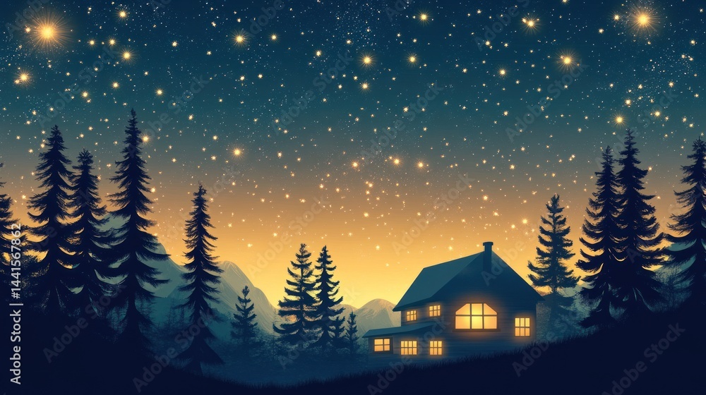 Fototapeta premium Starry Night Mountain Cabin: A Serene Winter Escape