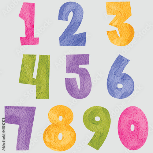 Bold colorful watercolor numbers from 0 to 9 with textured effect. Ideal for educational designs, playful posters, and creative projects for kids or school themes