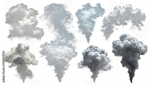 Set of Eight Unique Smoke Clouds in Various Shapes and Colors, Perfect for Graphic Design, Animation, and Creative Concepts