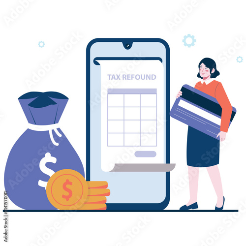 Taxes Activity. Vector illustration of A woman holding a credit card stands next to a mobile tax refund form and money sack, illustrating digital tax reimbursements. Isolated on background