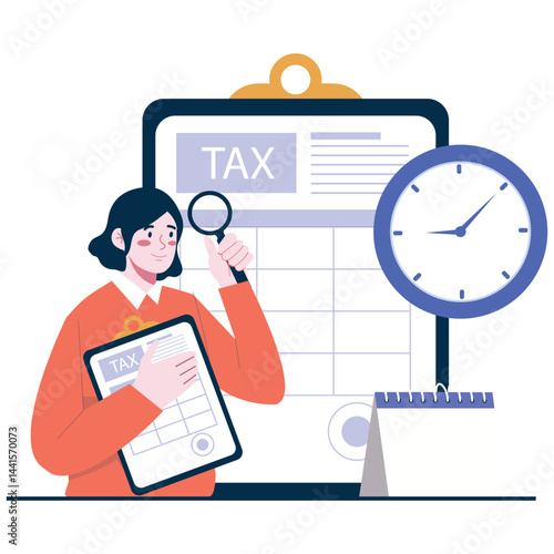 A woman closely examining a tax form using a magnifying glass while holding a clipboard.