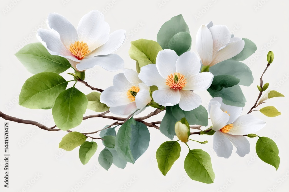 Obraz premium White magnolia flowers and green leaves composing a beautiful bouquet