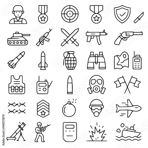 Military, war line icon set. Vector pictograms of soldier, weapon, defense equipment, tank, missiles, grenade, combat gear, battlefield thin linear illustration.
