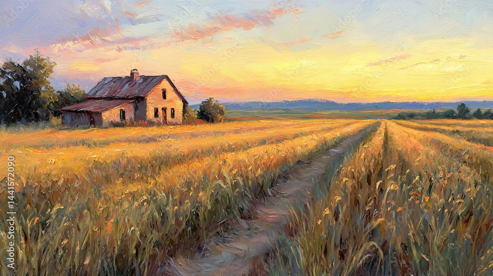 Serene painting of rustic farmhouse fields evoking nostalgia with warm hues and gentle brushstrokes capturing the essence of rural life Serene painting of rustic farmhouse fields evoking nostalgia with warm hues and gentle brushstrokes capturing the essence of rural life