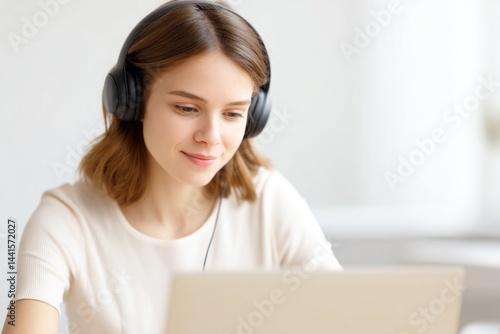 Wallpaper Mural person engaged in online education wearing headphones using laptop with blurred background Torontodigital.ca