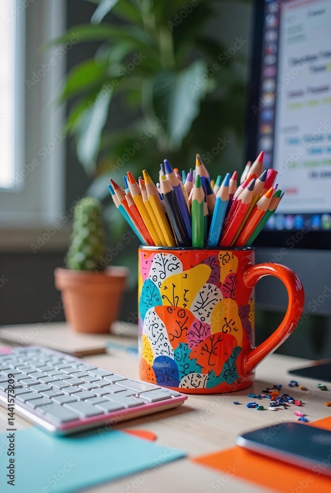 Colorful Pencils in Artistic Mug on Desk