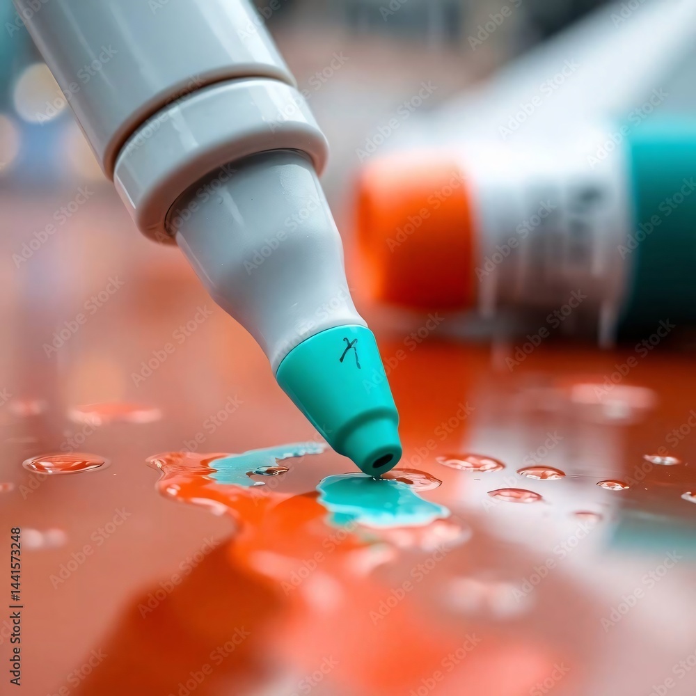 Close-up of Teal Paint Marker Dropping Paint onto Orange Surface