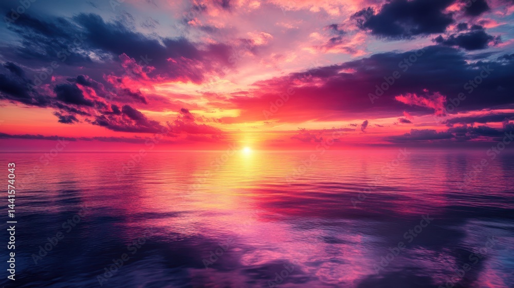 Obraz premium Fiery Sunset over Serene Ocean: A breathtaking panorama of vibrant colors painting the sky and sea during a majestic sunset.
