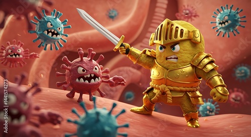 Golden Knight Warrior Battling Cartoon Viruses in Human Body