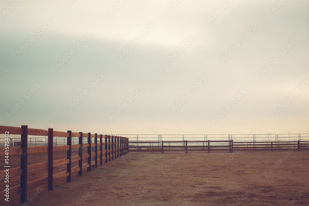 Fototapeta premium captured at dusk vast empty rodeo arena with wooden fencing enclosure stands under muted sky