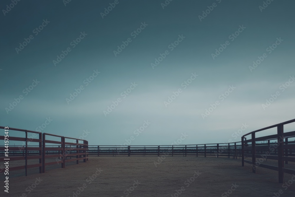 Naklejka premium captured at dusk vast empty rodeo arena with wooden fencing enclosure stands under muted sky