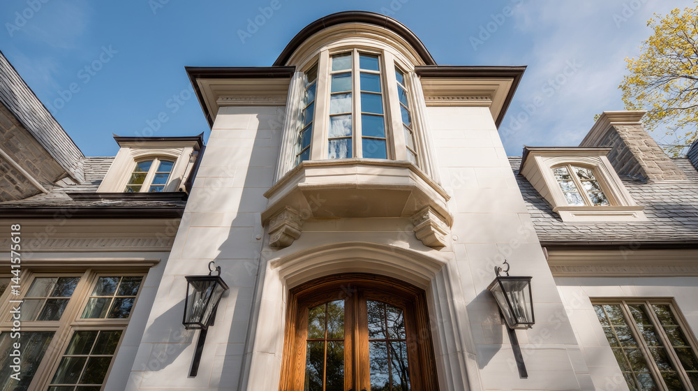 Elegant stone mansion facade with large bay windows, arched entryway, and decorative outdoor lanterns under a clear blue sky. Elegant stone mansion facade with large bay windows, arched entryway, and decorative outdoor lanterns under a clear blue sky.