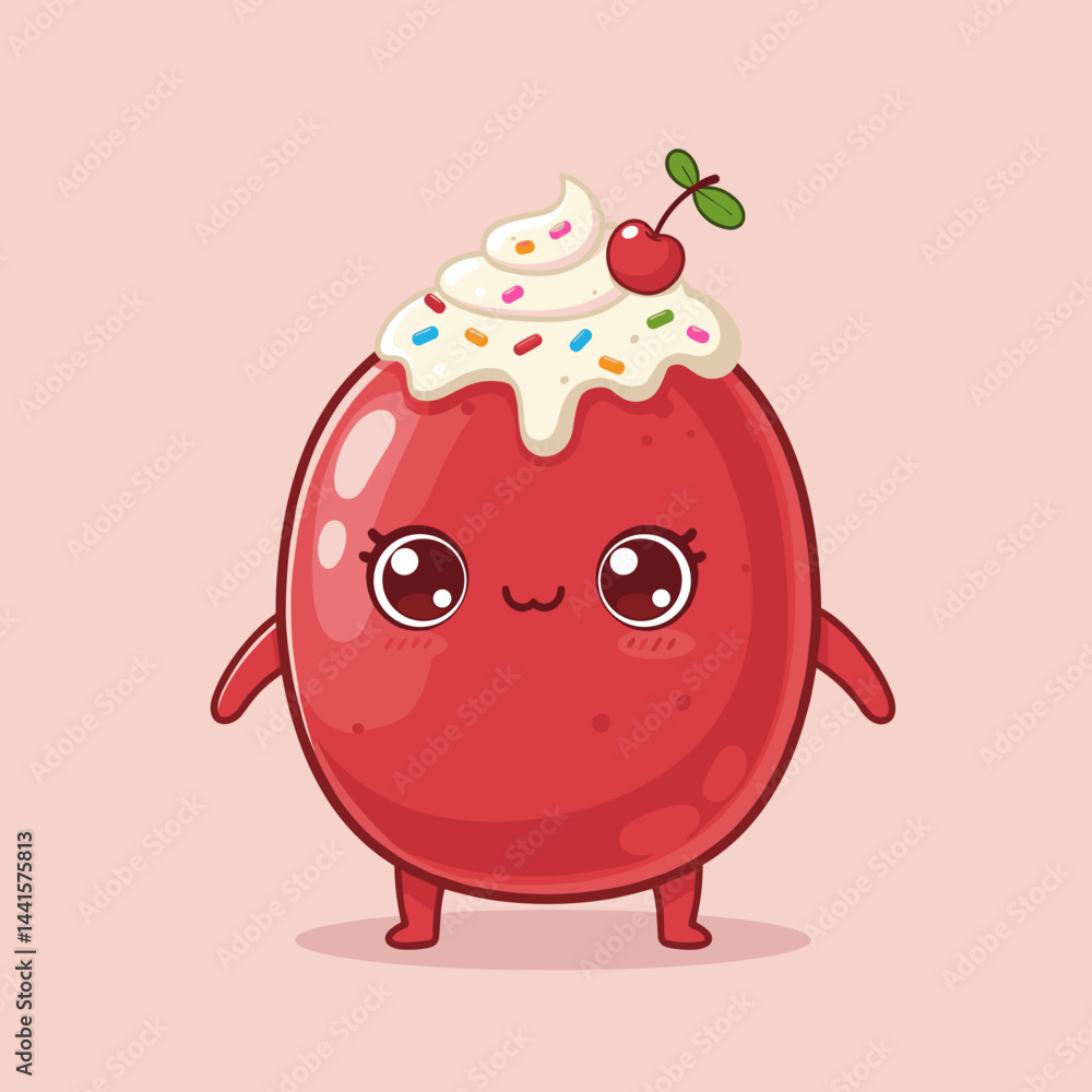 Fototapeta premium Cute dessert character with cherry and sprinkles, suitable for children's books, stickers and digital content