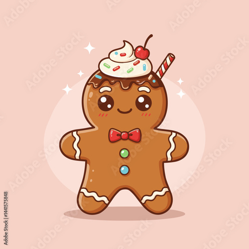 Cute gingerbread man with frosting on soft pink background, suitable for children's books, stickers and digital content