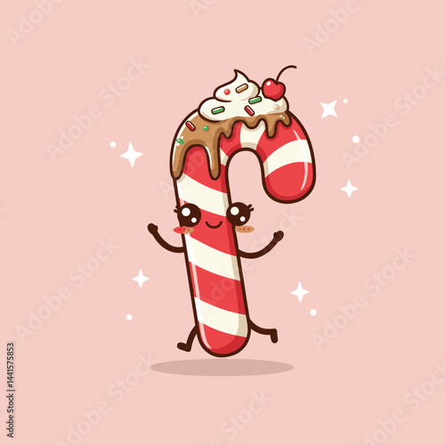 Smiling Candy Cane Character in Pink Background, suitable for children's books, stickers and digital content