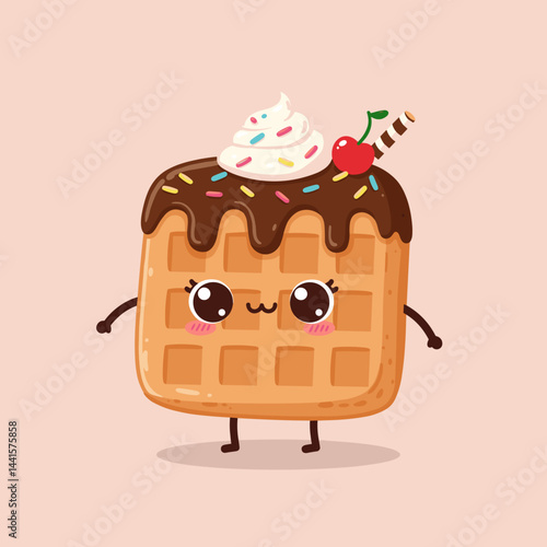 Cute cartoon waffle with chocolate and sprinkles on pink background, suitable for children's books, stickers and digital content