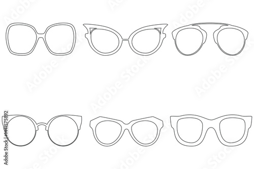 Collection of seven different styles of eyeglasses frames, isolated on white background outlines	