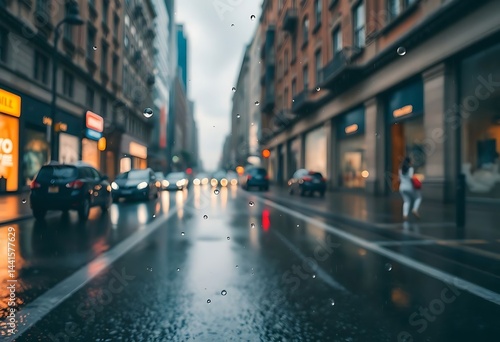 Fototapeta Naklejka Na Ścianę i Meble -  wet city street with cars parked on the side of it